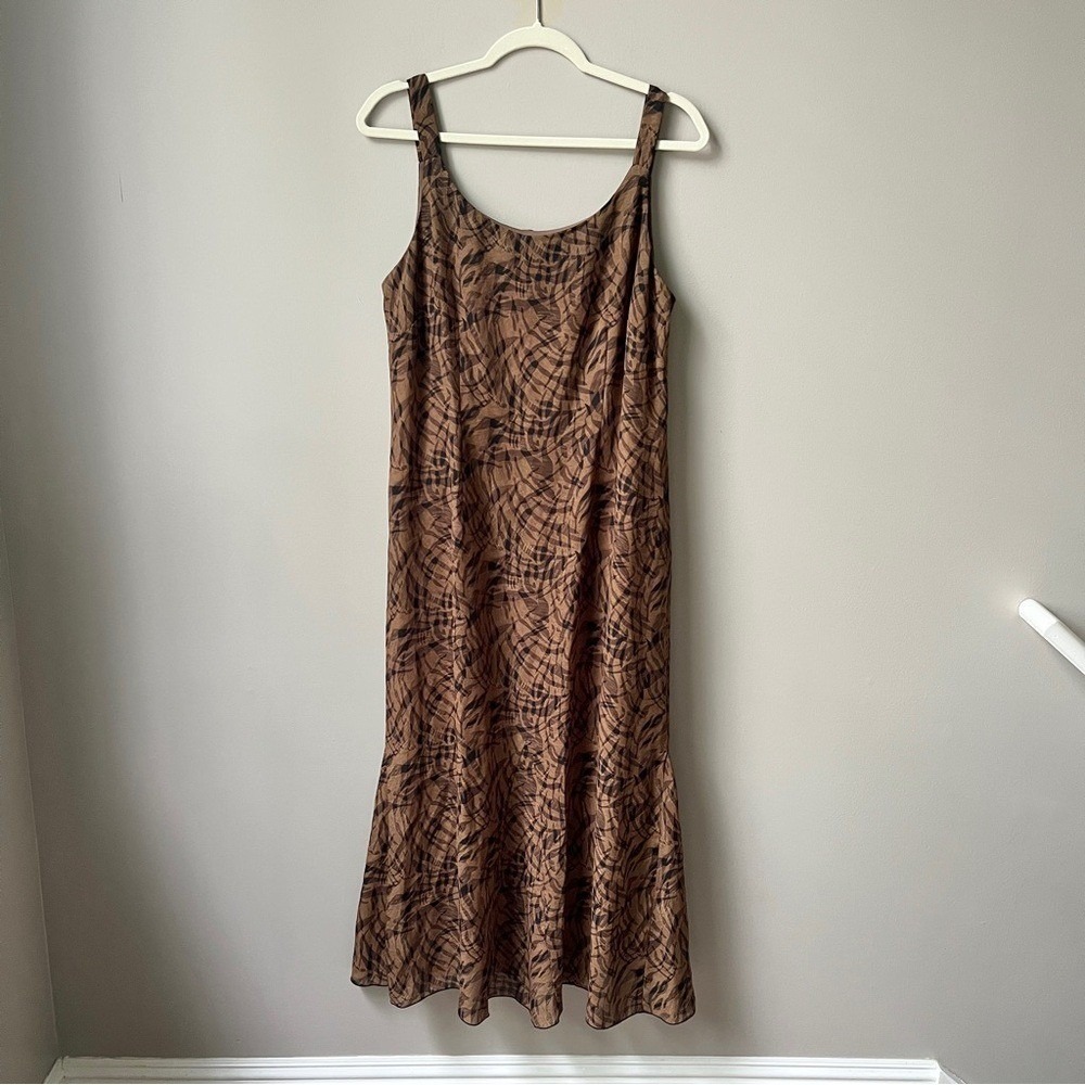 Vintage Dress Women's 12 Maxi Leaf Pattern Brown Black Neutral Fall Scandi 90s